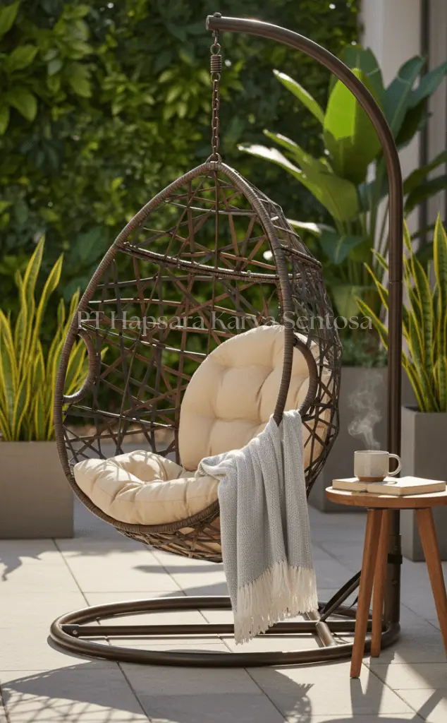 Stylish PE rattan hanging egg chair with aluminum frame and UV protection. Durable, weather resistant, and cozy with a plush cushion perfect for indoor and outdoor relaxation