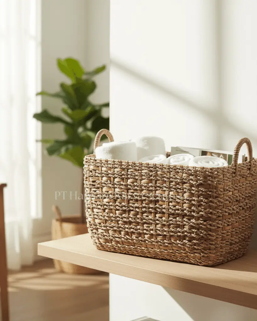 Handwoven Water Hyacinth & Seagrass Basket with Iron Frame  Natural Fiber Storage Basket with Durable Metal Frame  Boho Woven Basket with Sturdy Iron Structure