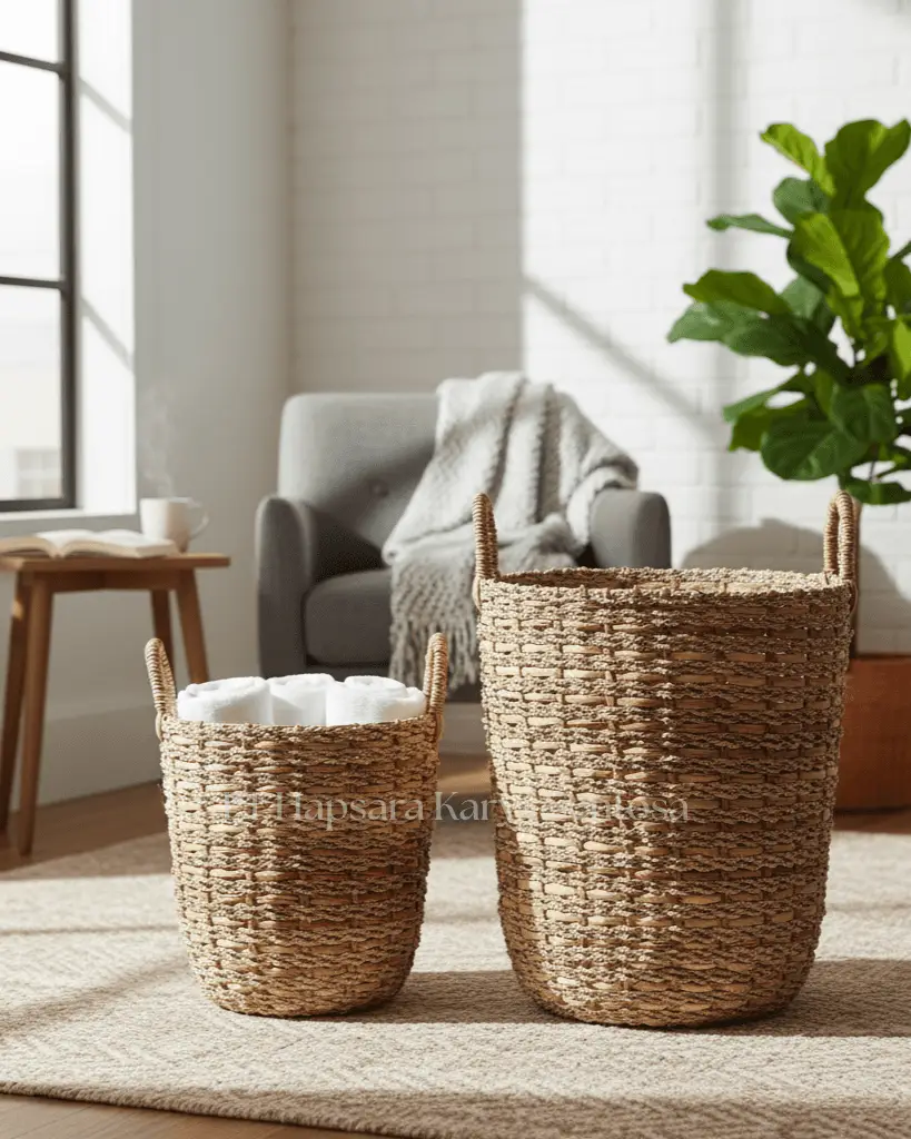 Handwoven Water Hyacinth Storage Basket with Iron Frame  Natural Woven Seagrass & Water Hyacinth Basket  Rustic Farmhouse Laundry Hamper