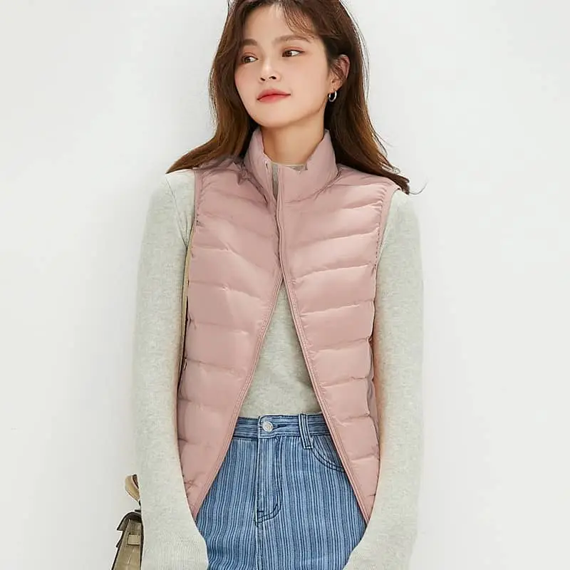 Seamless Zipper up Stand Collar Plus Size Premium 90% White Duck Down Vest Lightweight Women's Puffer Vest
