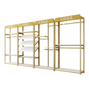 Luxury Gold Retail Display Shelving System | Premium Modular Clothing Store Wall Display Rack | Boutique & Fashion Shop