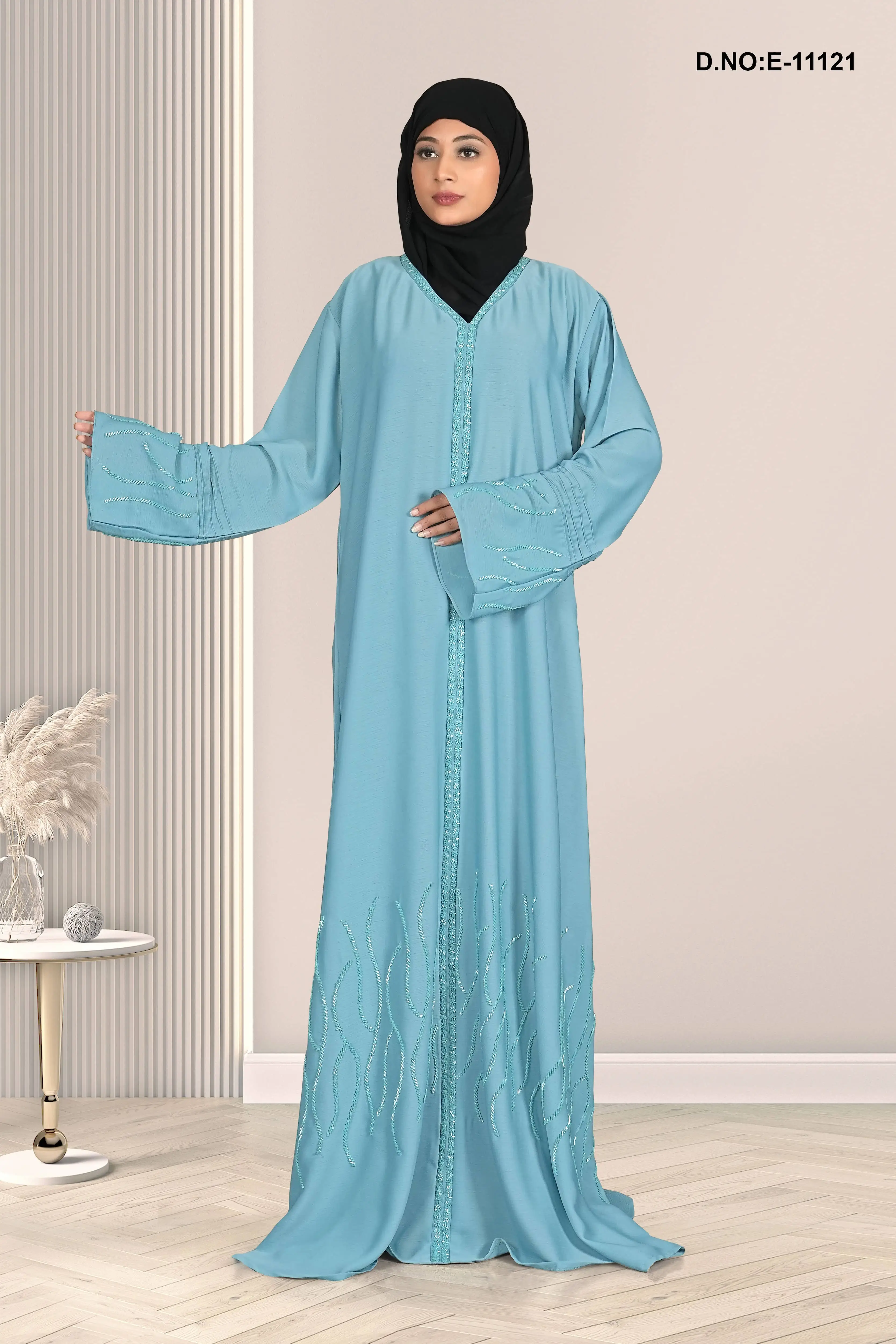 Elegant Sky Blue Embroidered Abaya